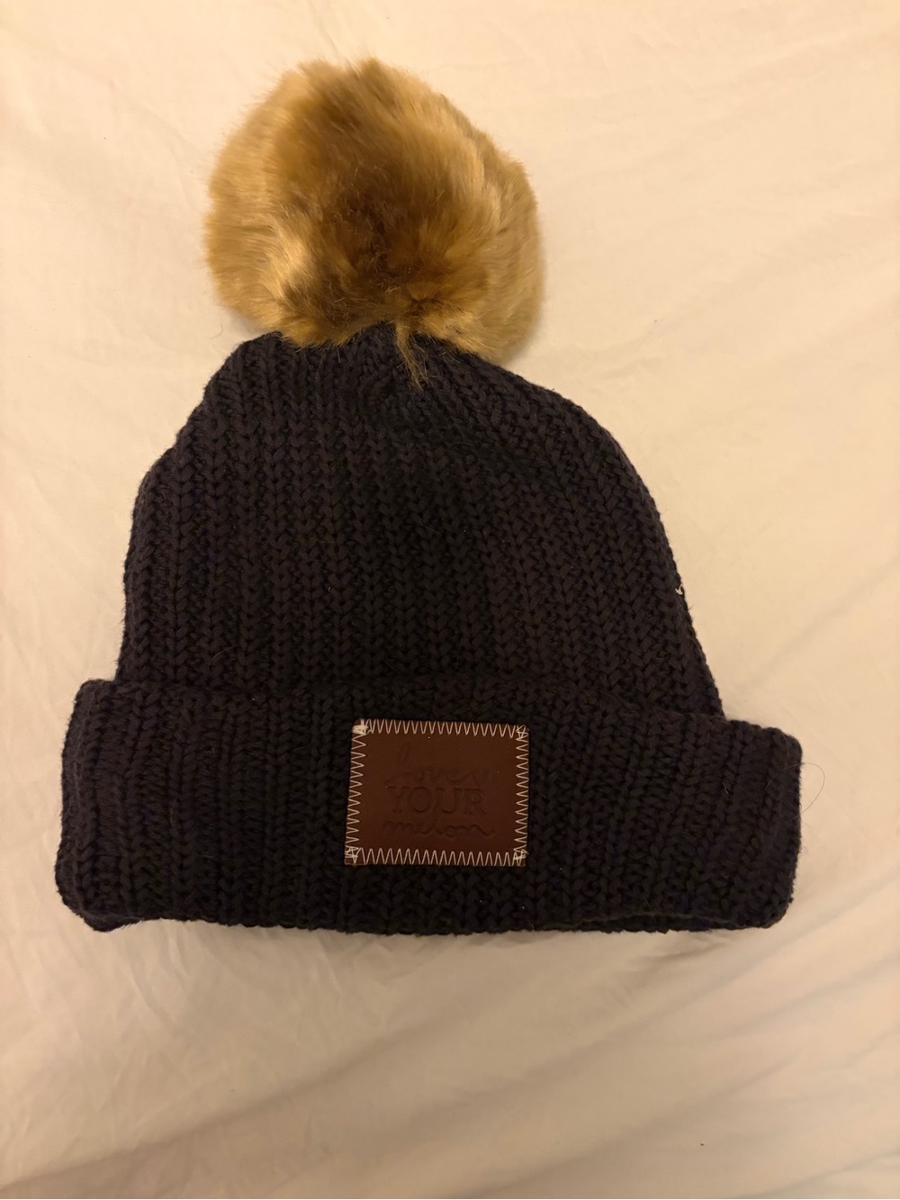 Love Your Melon Black Knit Beanie with Brown Pom